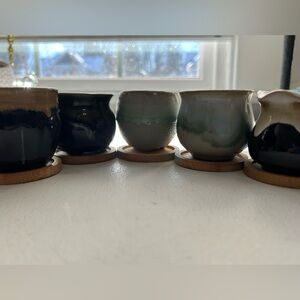 Handmade Ceramic Pots Small Pottery Planters Wood Coasters Succulent Lot of 6